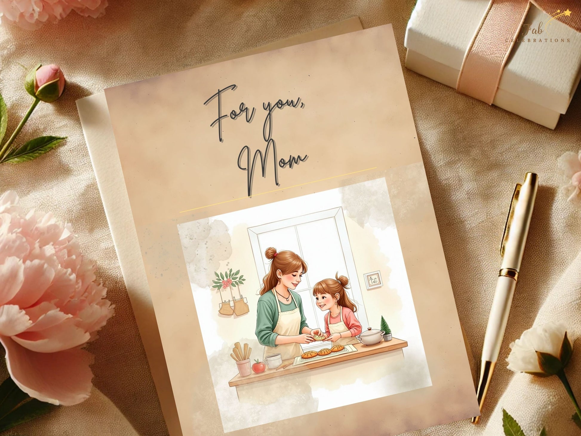 For You Mom Card Printable video preview featuring a tender mother and daughter baking together in a cozy kitchen scene, designed with soft watercolor-inspired neutral tones, elegant typography, and an editable Canva template layout for a heartfelt printable Mother’s Day card.