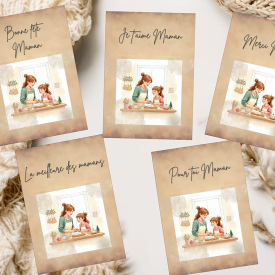 French Mother’s Day Card Set video preview featuring five coordinated printable greeting card designs with heartfelt French messages, tender mother and daughter baking illustrations, soft watercolor-inspired pastel tones, elegant typography, and editable Canva template layouts for a meaningful Mother’s Day celebration.