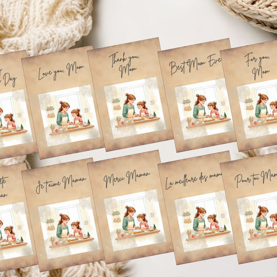 French and English Mother’s Day Card Set video preview featuring ten coordinated printable greeting card designs with heartfelt bilingual messages, tender mother and daughter baking illustrations, soft watercolor-inspired pastel tones, elegant typography, and editable Canva template layouts for a meaningful Mother’s Day celebration.
