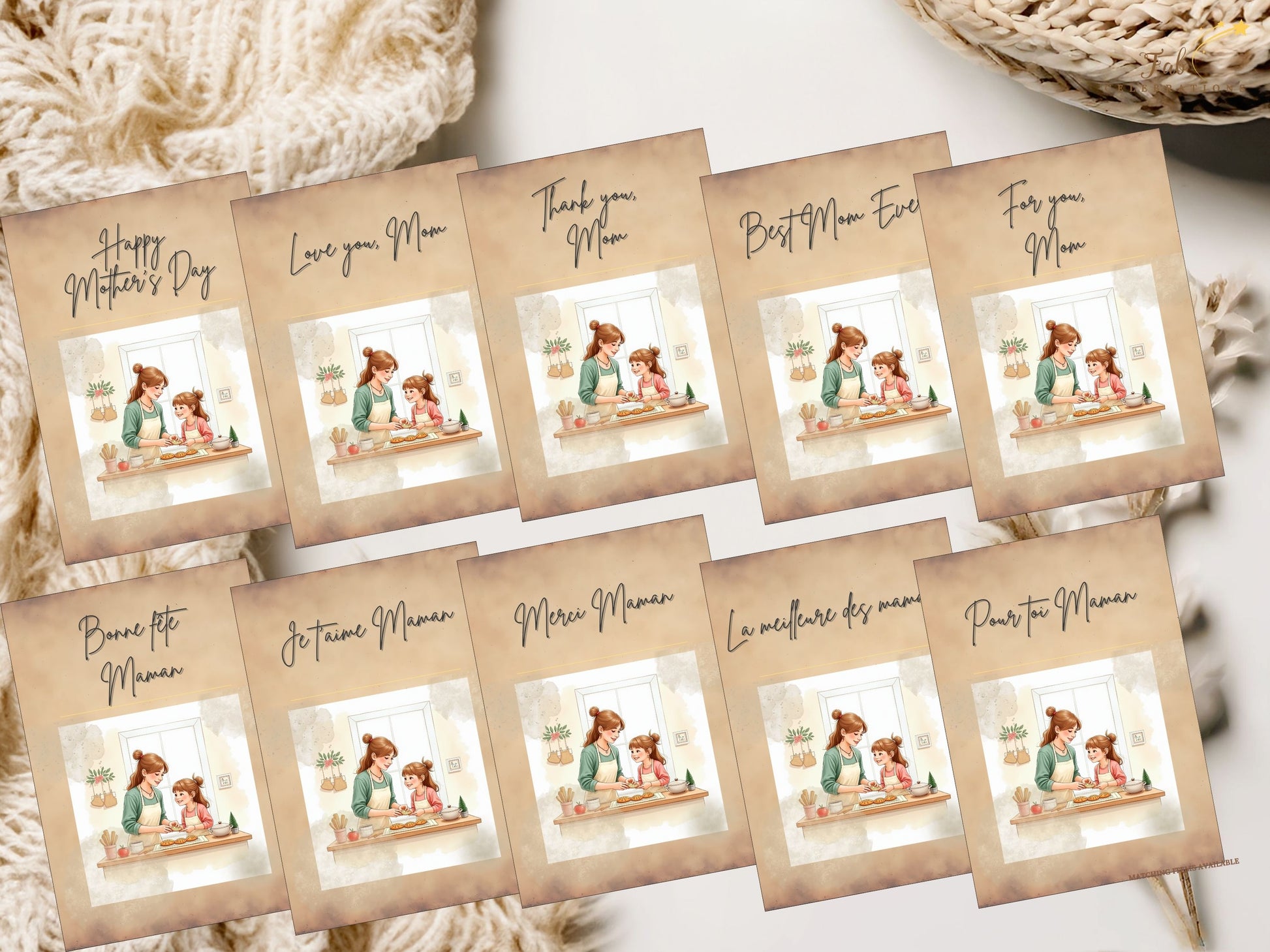 French and English Mother’s Day Card Set video preview featuring ten coordinated printable greeting card designs with heartfelt bilingual messages, tender mother and daughter baking illustrations, soft watercolor-inspired pastel tones, elegant typography, and editable Canva template layouts for a meaningful Mother’s Day celebration.