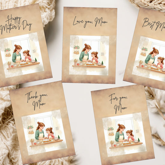 Happy Mother’s Day Card Set video preview featuring five coordinated printable greeting card designs with tender mother and daughter baking illustrations, soft watercolor-inspired pastel tones, elegant typography, and editable Canva template layouts for a heartfelt Mother’s Day celebration.
