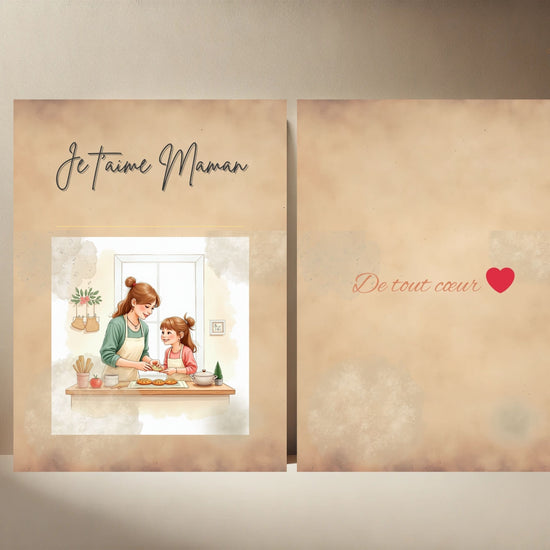 Je t’aime Maman Card Printable video preview featuring a tender mother and daughter baking together in a cozy kitchen scene, designed with soft watercolor-inspired pastel tones, elegant French-inspired typography, and an editable Canva template layout for a heartfelt printable Mother’s Day card.