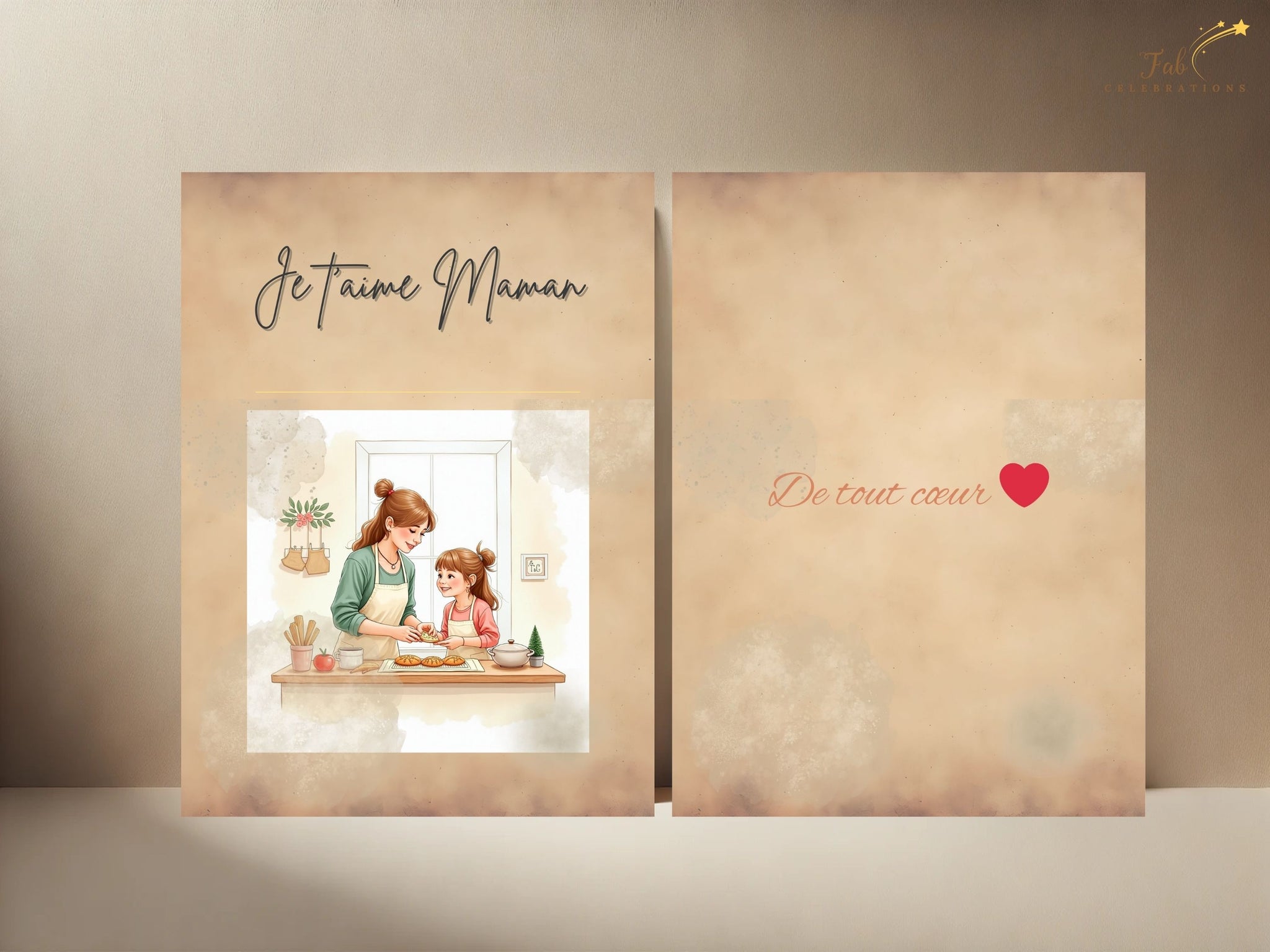 Je t’aime Maman Card Printable video preview featuring a tender mother and daughter baking together in a cozy kitchen scene, designed with soft watercolor-inspired pastel tones, elegant French-inspired typography, and an editable Canva template layout for a heartfelt printable Mother’s Day card.
