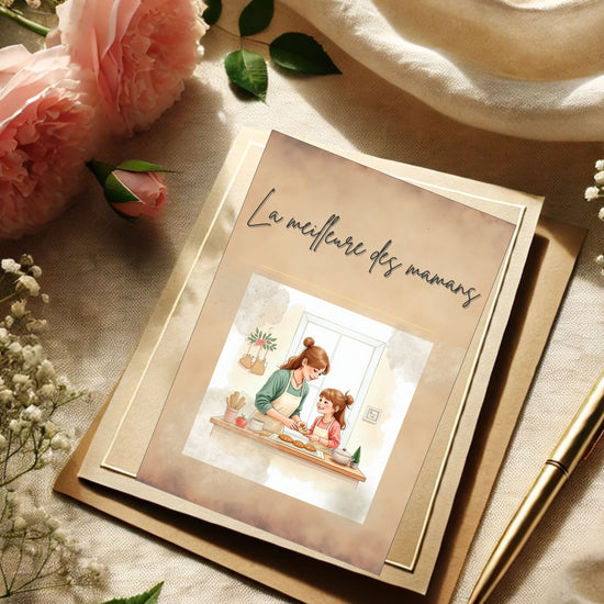 La meilleure des mamans Card Printable video preview featuring a tender mother and daughter baking together in a cozy kitchen scene, designed with soft watercolor-inspired pastel tones, elegant French-inspired typography, and an editable Canva template layout for a heartfelt printable Mother’s Day card.
