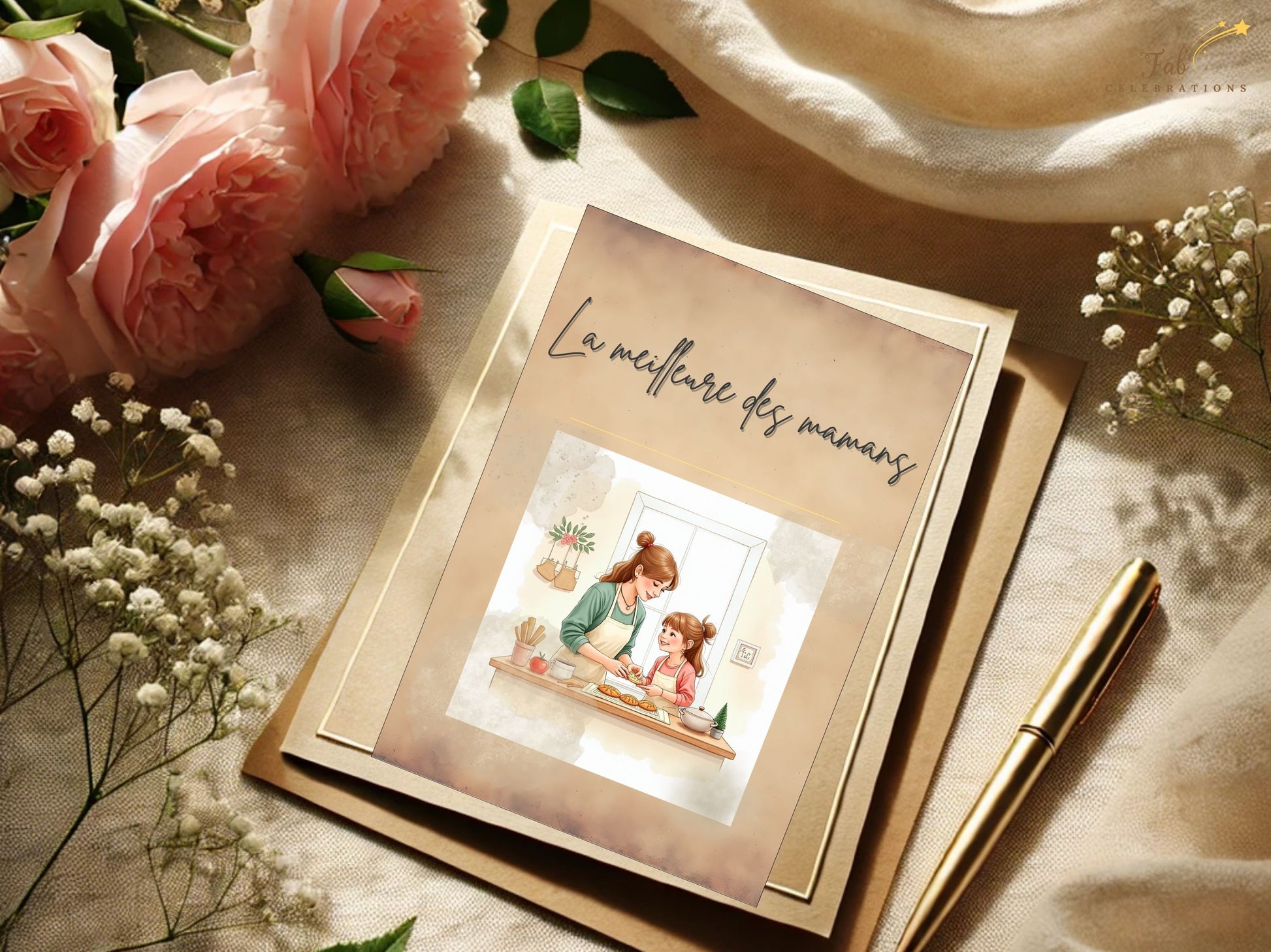 La meilleure des mamans Card Printable video preview featuring a tender mother and daughter baking together in a cozy kitchen scene, designed with soft watercolor-inspired pastel tones, elegant French-inspired typography, and an editable Canva template layout for a heartfelt printable Mother’s Day card.
