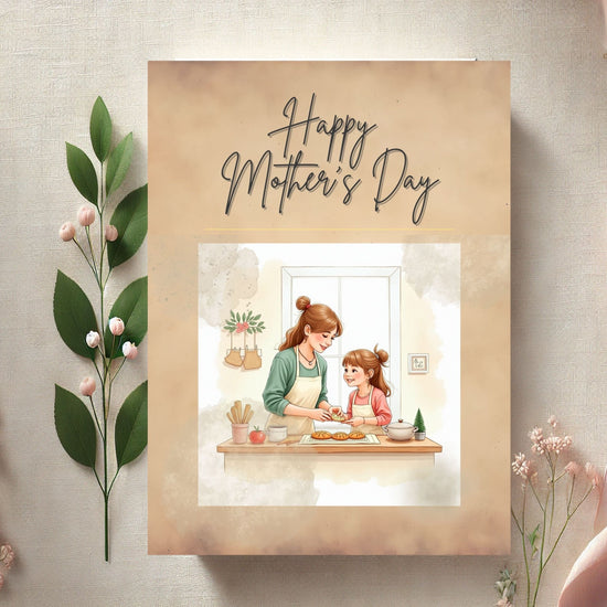 Mother’s Day Card Printable video preview showcasing an elegant watercolor-inspired greeting card design featuring a tender mother and daughter baking together, soft pastel tones, refined French-inspired typography, and an editable Canva template layout for a heartfelt printable Mother’s Day gift.