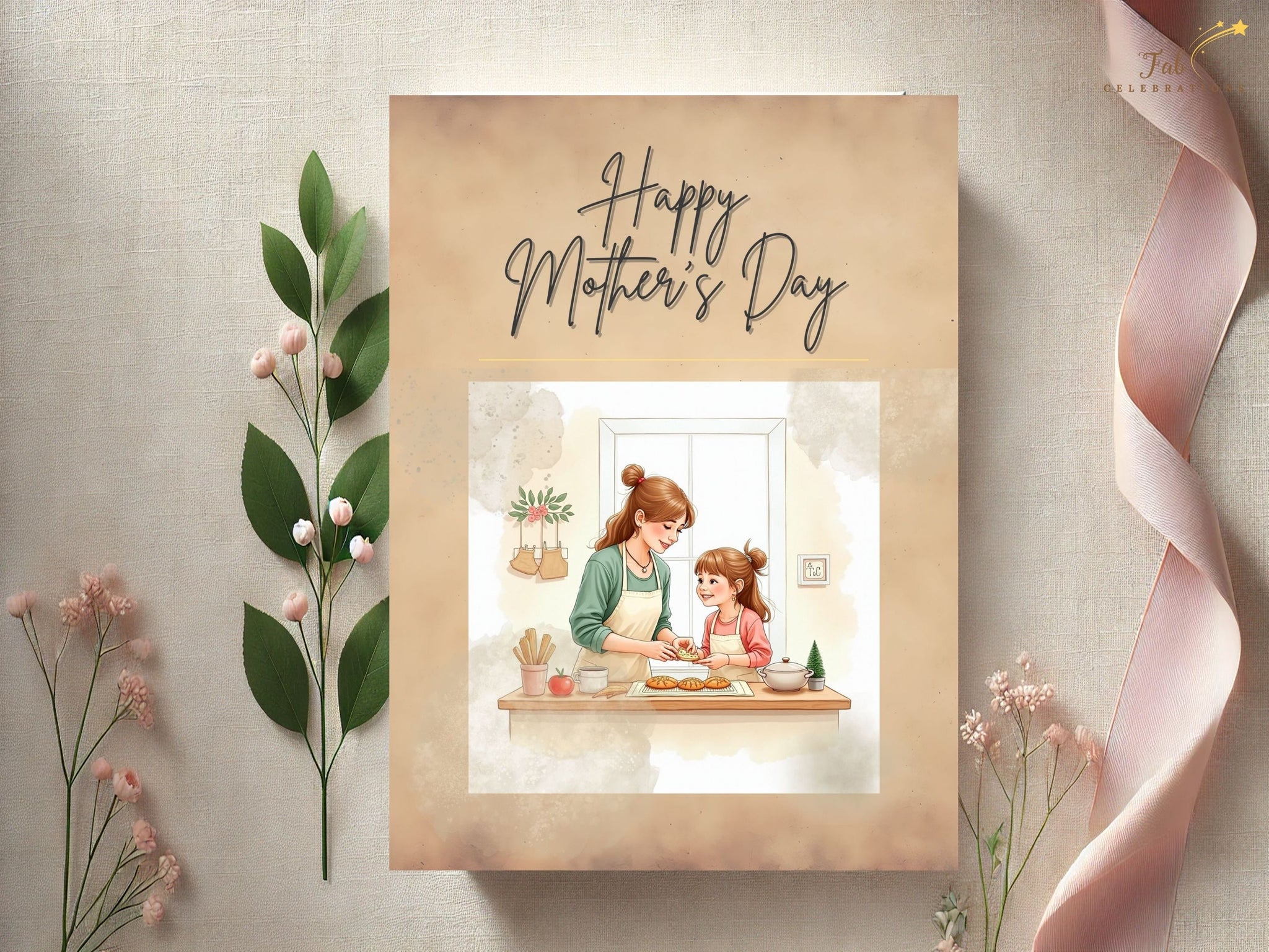 Mother’s Day Card Printable video preview showcasing an elegant watercolor-inspired greeting card design featuring a tender mother and daughter baking together, soft pastel tones, refined French-inspired typography, and an editable Canva template layout for a heartfelt printable Mother’s Day gift.