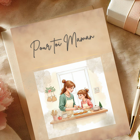 Pour toi Maman Card Printable video preview featuring a tender mother and daughter baking together in a cozy kitchen scene, designed with soft watercolor-inspired neutral tones, elegant French-inspired typography, and an editable Canva template layout for a heartfelt printable Mother’s Day card.