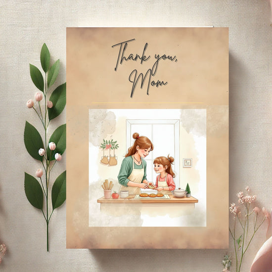Thank You Mom Card Printable video preview featuring a tender mother and daughter baking together in a cozy kitchen scene, designed with soft watercolor-inspired neutral tones, elegant typography, and an editable Canva template layout for a heartfelt printable Mother’s Day thank you card.
