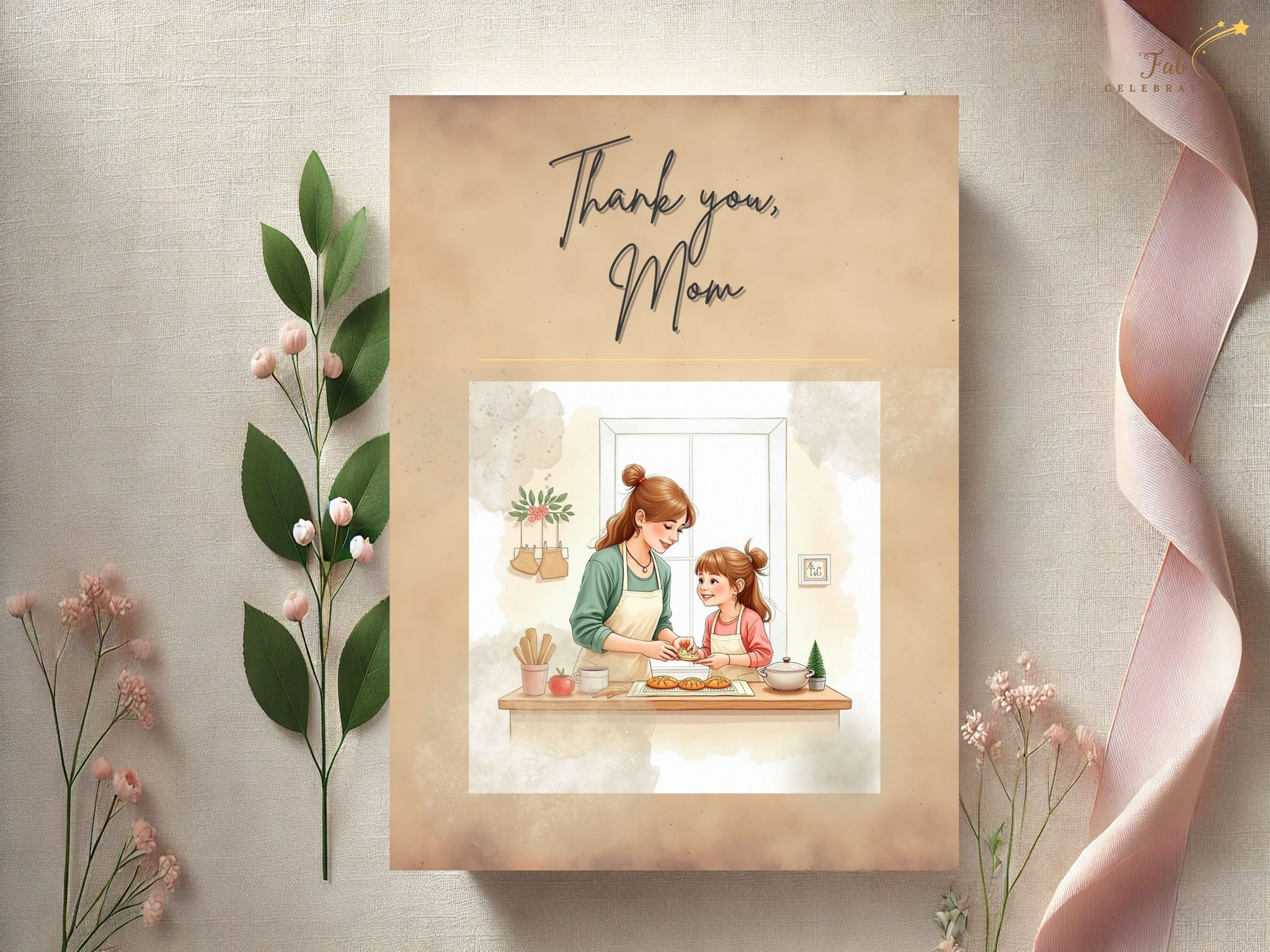 Thank You Mom Card Printable video preview featuring a tender mother and daughter baking together in a cozy kitchen scene, designed with soft watercolor-inspired neutral tones, elegant typography, and an editable Canva template layout for a heartfelt printable Mother’s Day thank you card.