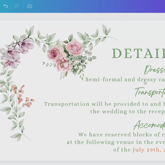 Video overview of the Wedding Details Card featuring an editable Canva template with red and white florals — designed to share essential information with elegance and clarity.
