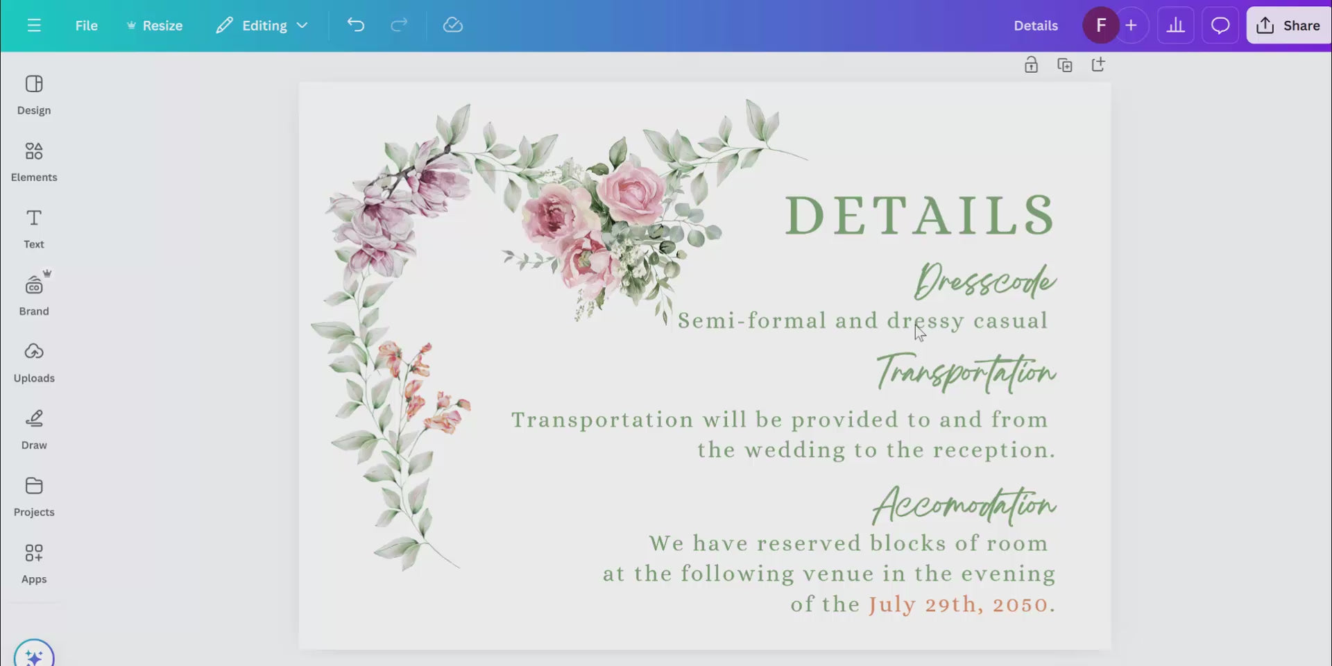 Video overview of the Wedding Details Card featuring an editable Canva template with red and white florals — designed to share essential information with elegance and clarity.