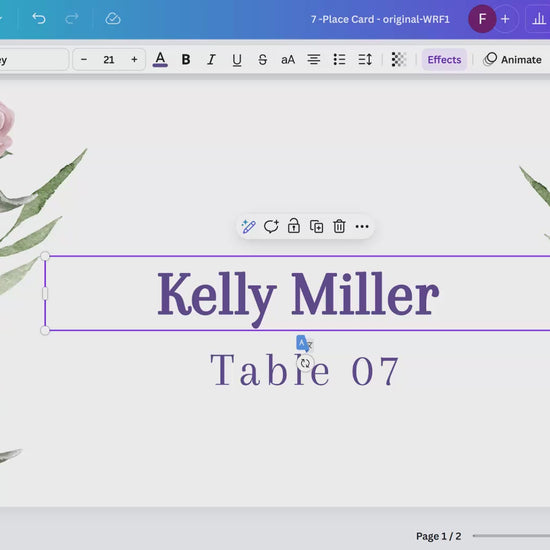 Wedding place card template with watercolor pink roses — editable Canva design to welcome reception guests with timeless, romantic, and elegant charm.