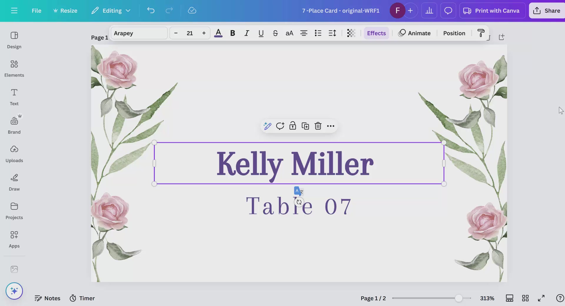 Wedding place card template with watercolor pink roses — editable Canva design to welcome reception guests with timeless, romantic, and elegant charm.