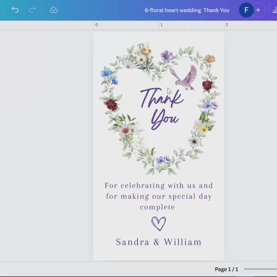 Romantic poetry wedding invitations thank you card tutorial showing Canva editing with floral heart, roses and dove motifs for rustic boho and countryside receptions.