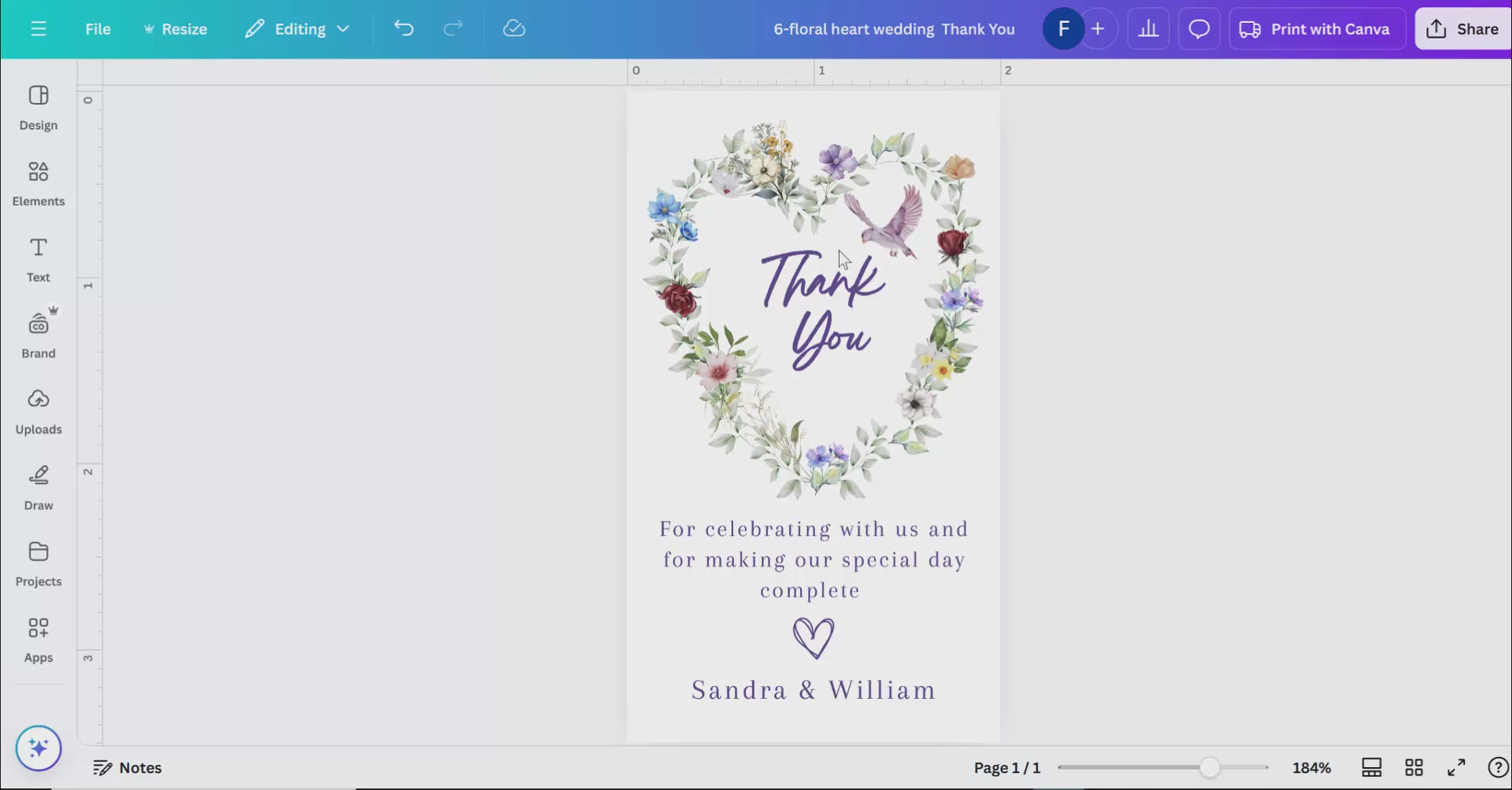 Romantic poetry wedding invitations thank you card tutorial showing Canva editing with floral heart, roses and dove motifs for rustic boho and countryside receptions.