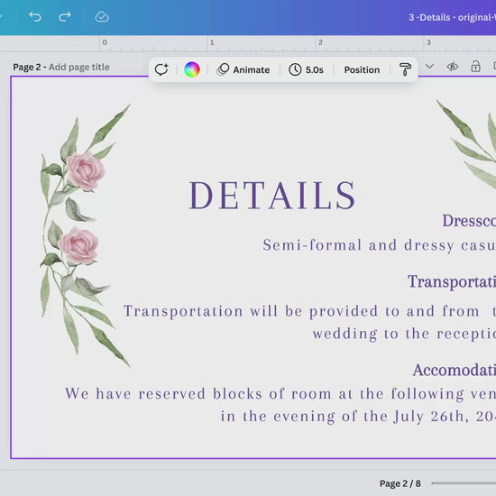 Pink rose wedding details with watercolor roses and sage greenery — editable Canva template for sharing venue, travel, and schedule information with romantic elegance.