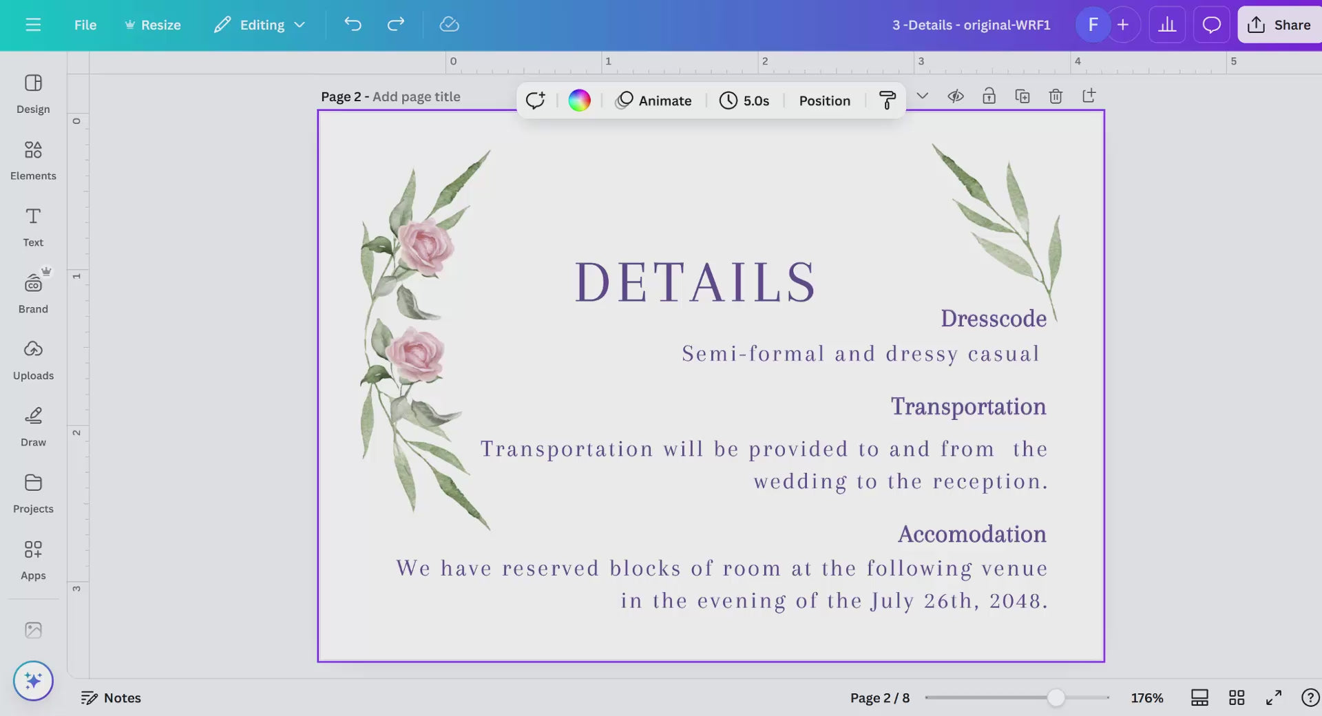 Pink rose wedding details with watercolor roses and sage greenery — editable Canva template for sharing venue, travel, and schedule information with romantic elegance.