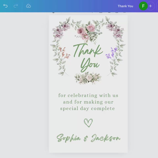 Tutorial showing how to edit romantic wedding invitations thank you card template in Canva, featuring floral heart watercolor design for rustic French weddings.