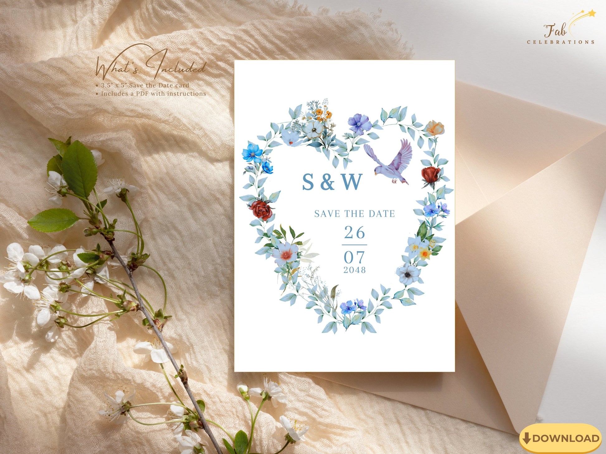 Video presentation of the Blue and Green Save the Date Card featuring an editable Canva template with a watercolor-inspired blue floral heart design, graceful dove motif, romantic botanical artwork and elegant wedding announcement styling.