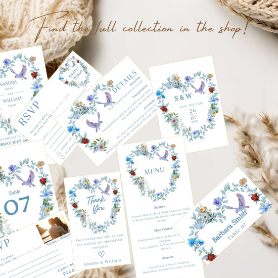 Video presentation of the Blue Floral Wedding Invitation Suite featuring editable Canva wedding templates with watercolor-inspired blue floral heart wreaths, graceful doves, RSVP cards, details cards and coordinated wedding stationery designs.