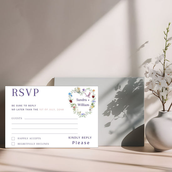 Boho heart wedding invitations RSVP card tutorial showing Canva customization with floral wreath, dove motifs and photo layout options for rustic romantic wedding stationery.