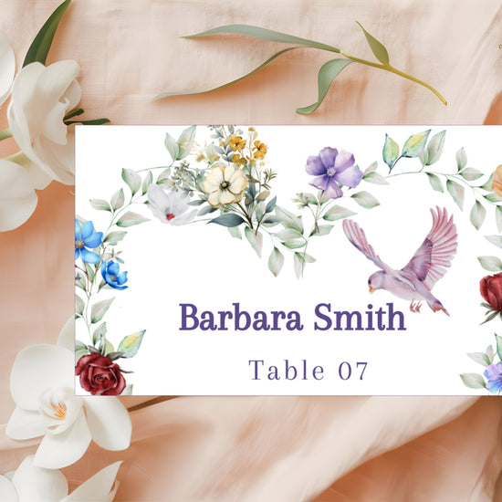 Boho watercolor wedding card tutorial showing Canva editing for place cards with floral half-heart design, dove motif and rustic pastel palette for boho chic receptions.