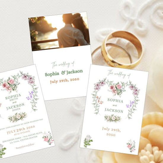 Canva wedding template tutorial showing how to customize a floral heart invitation card with editable text, colors and photo options for romantic French weddings.