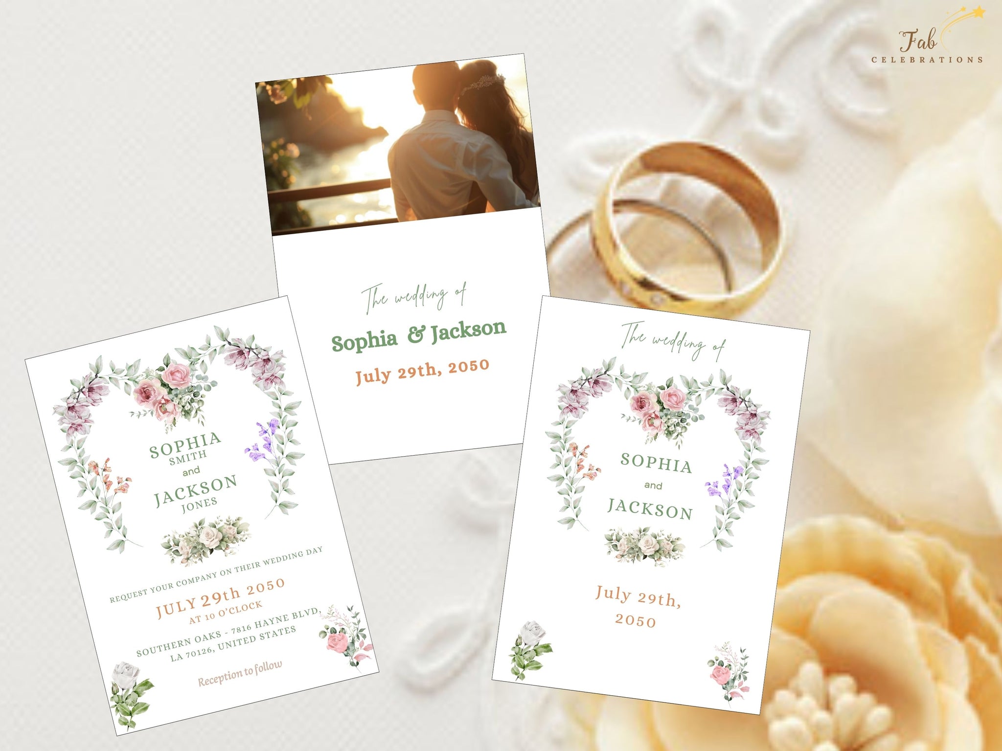 Canva wedding template tutorial showing how to customize a floral heart invitation card with editable text, colors and photo options for romantic French weddings.