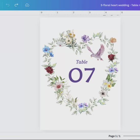 Watercolor dove wedding template tutorial showing Canva editing for table number cards with floral heart design, dove motif and rustic greenery for elegant countryside receptions.