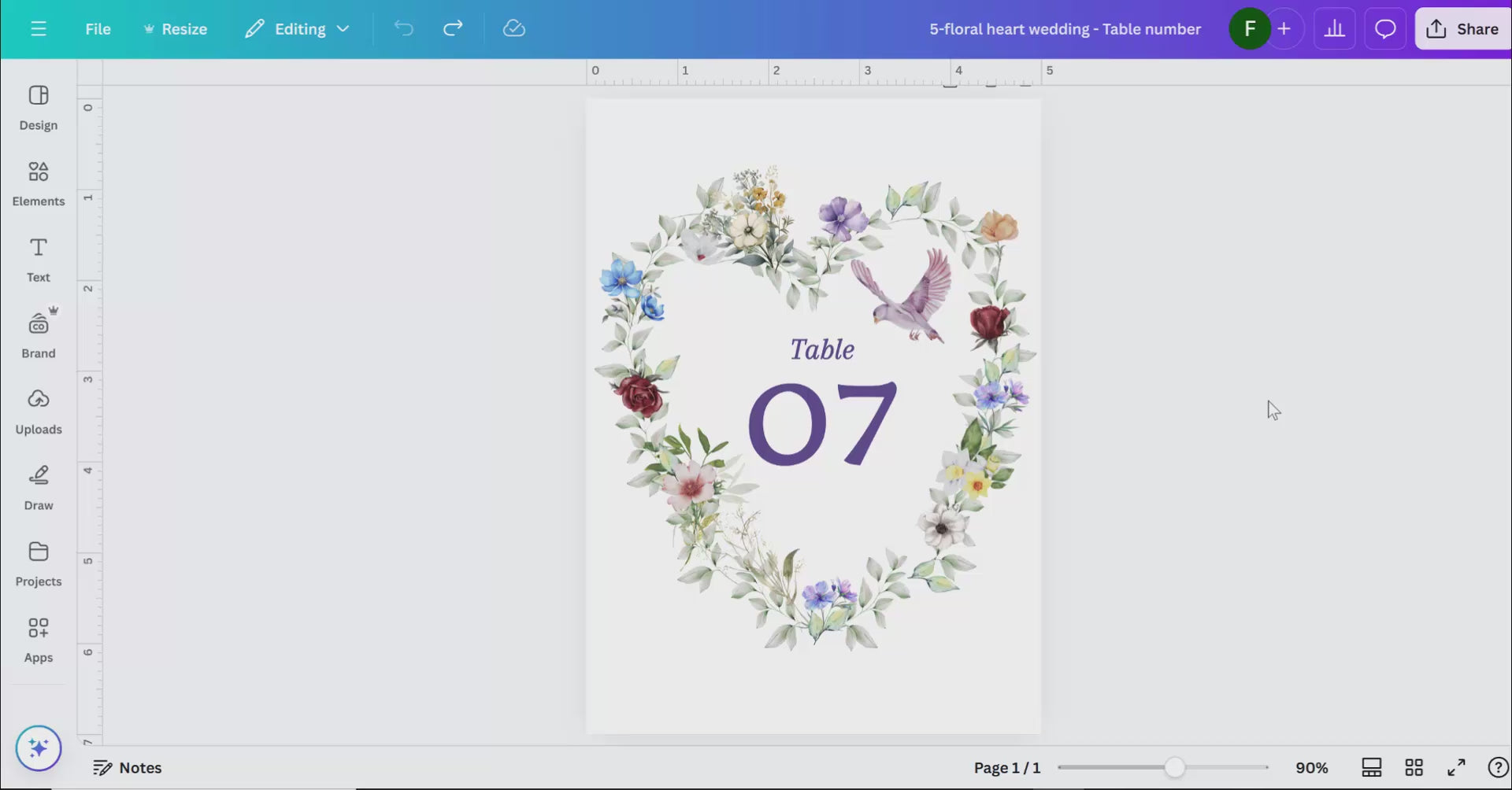 Watercolor dove wedding template tutorial showing Canva editing for table number cards with floral heart design, dove motif and rustic greenery for elegant countryside receptions.