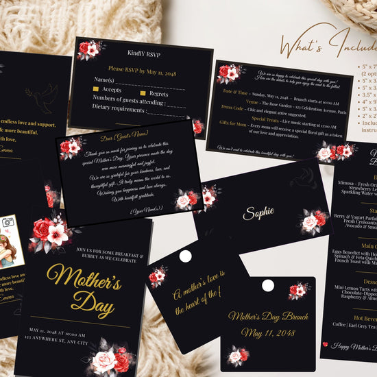 Complete Mother’s Day Card Set video preview displaying elegant black and gold Canva templates with coordinated invitation, RSVP, details card, menu, place card, thank you card, and floral gift tag designs for a refined Mother’s Day celebration.
