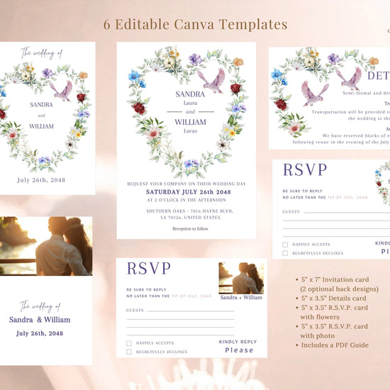 Dove wedding invitations tutorial showing how to customize Canva templates with watercolor-inspired dove motifs, delicate florals and unity symbols, creating meaningful romantic wedding stationery.