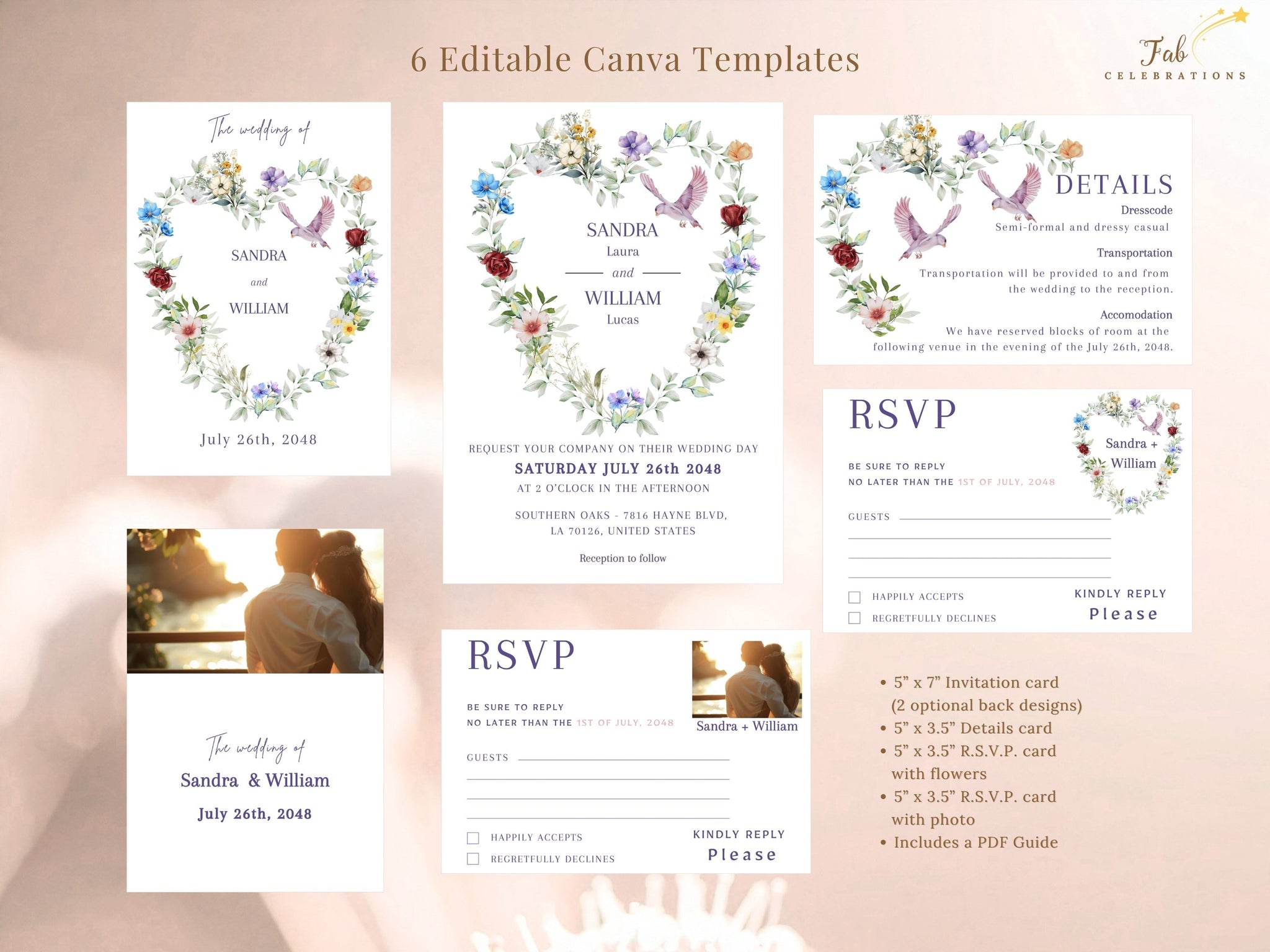 Dove wedding invitations tutorial showing how to customize Canva templates with watercolor-inspired dove motifs, delicate florals and unity symbols, creating meaningful romantic wedding stationery.