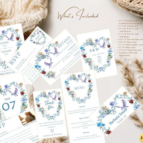 Video presentation of the Dusty Blue Wedding Invitation Set showcasing eleven editable Canva wedding templates including invitation cards, RSVP cards, menu, place card, table number, thank you card and matching floral stationery.