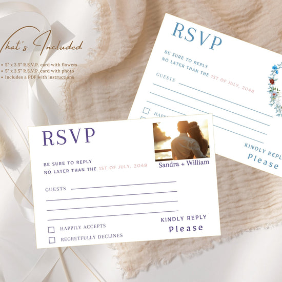 Video presentation of the Elegant Boho RSVP Card set featuring two editable Canva templates, including a blue floral heart wreath design with dove motif and a personalized photo RSVP layout.