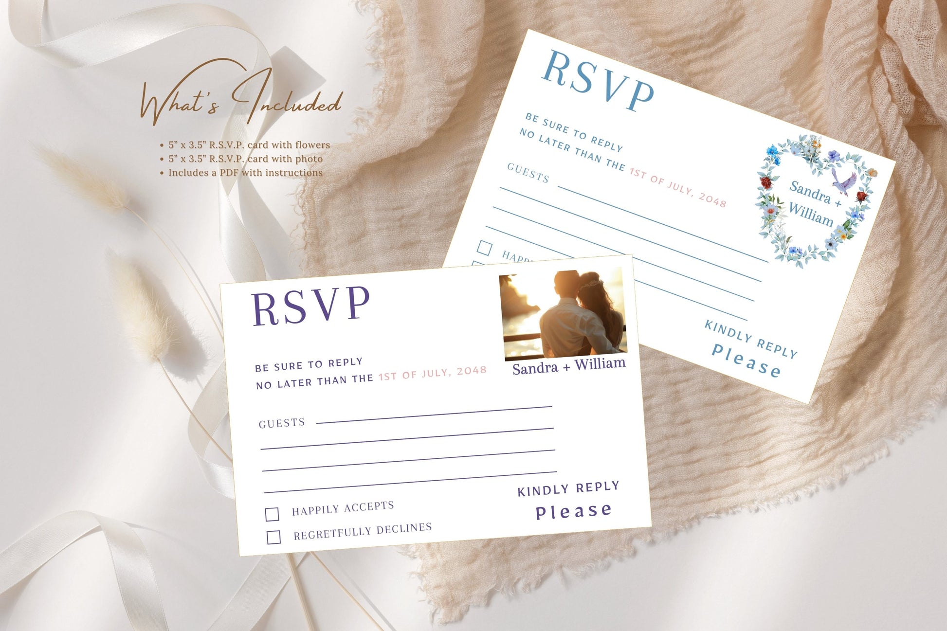 Video presentation of the Elegant Boho RSVP Card set featuring two editable Canva templates, including a blue floral heart wreath design with dove motif and a personalized photo RSVP layout.