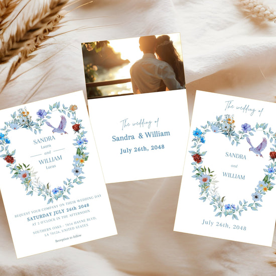 Video presentation of the Elegant Boho Wedding Invitation showcasing the editable Canva template with a watercolor-inspired blue floral heart design, graceful dove motif, photo back option and elegant wedding stationery styling.