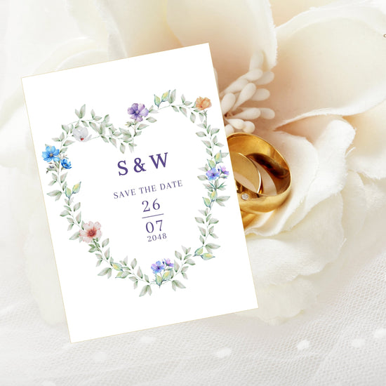 Elegant Garden Save the Date Card editable Canva template featuring a watercolor-inspired floral heart wreath, romantic botanical details, elegant typography, and coordinated wedding stationery for announcing your special day