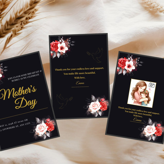Elegant Mother’s Day Card Printable video preview showcasing black and gold Canva templates with radiant gold typography, romantic red and white floral artwork, customizable layouts, and two elegant back design options for Mother’s Day.