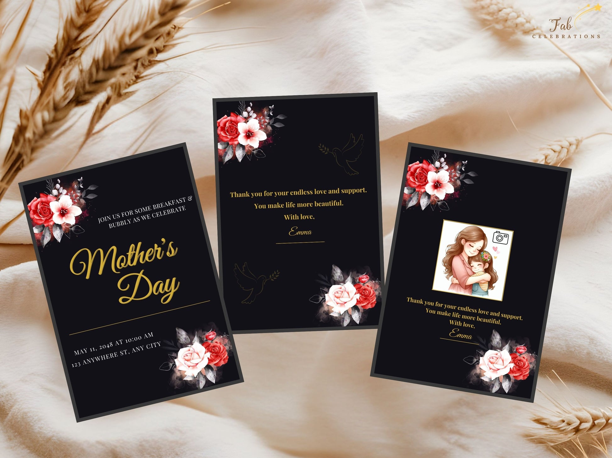Elegant Mother’s Day Card Printable video preview showcasing black and gold Canva templates with radiant gold typography, romantic red and white floral artwork, customizable layouts, and two elegant back design options for Mother’s Day.
