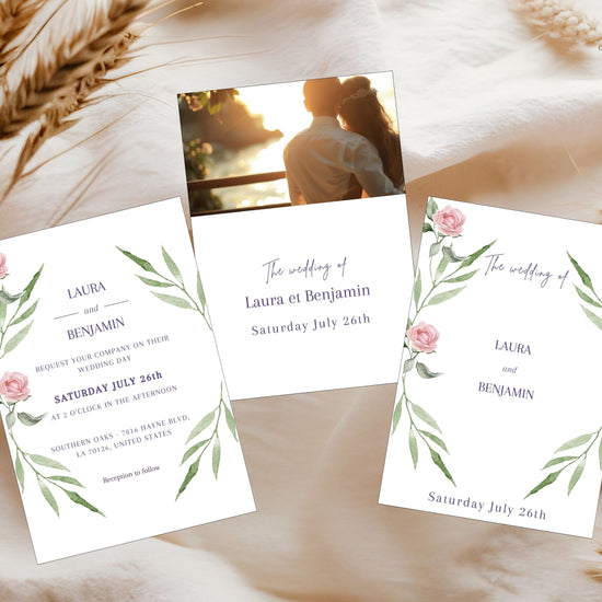 Elegant pink floral wedding invitation with watercolor roses and sage greenery — editable Canva template featuring French garden charm and two optional back designs.