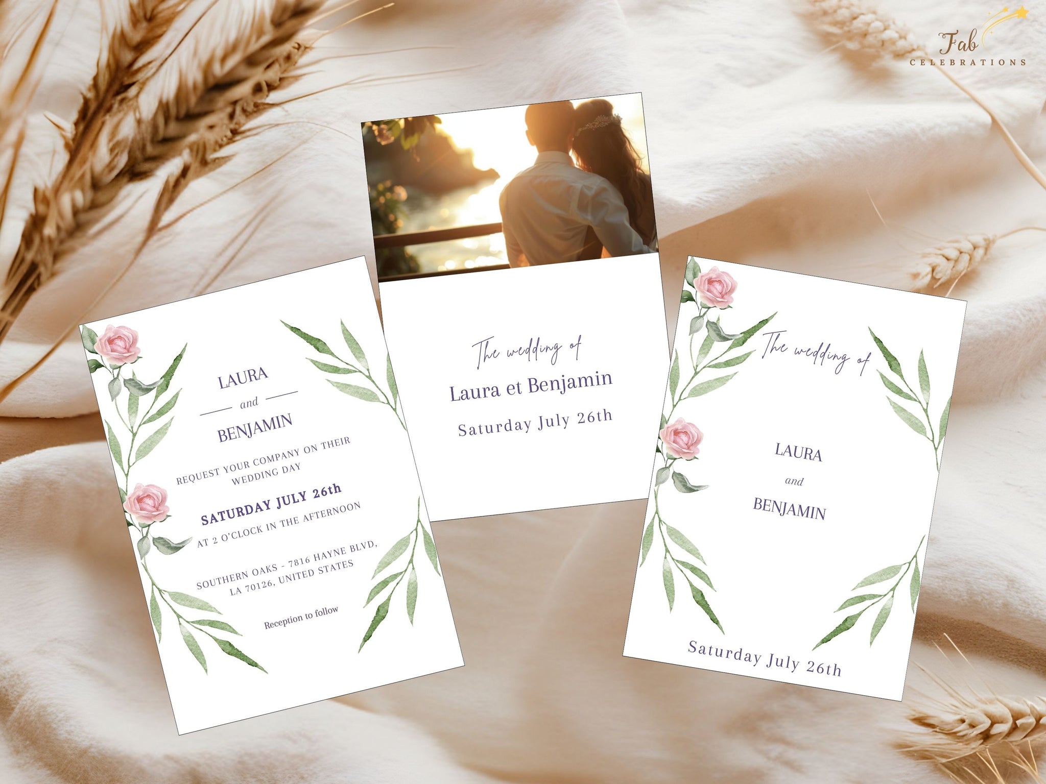 Elegant pink floral wedding invitation with watercolor roses and sage greenery — editable Canva template featuring French garden charm and two optional back designs.
