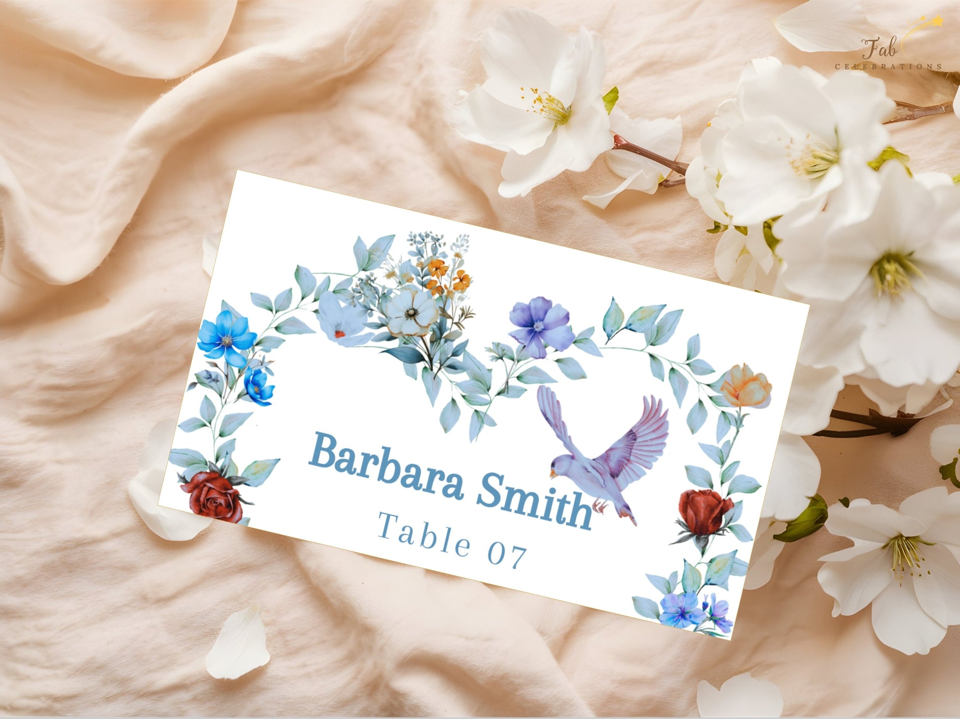 Video presentation of the Elegant Table Name Card featuring an editable Canva template with a watercolor-inspired floral border design, graceful dove motif, romantic botanical artwork and elegant wedding reception styling.