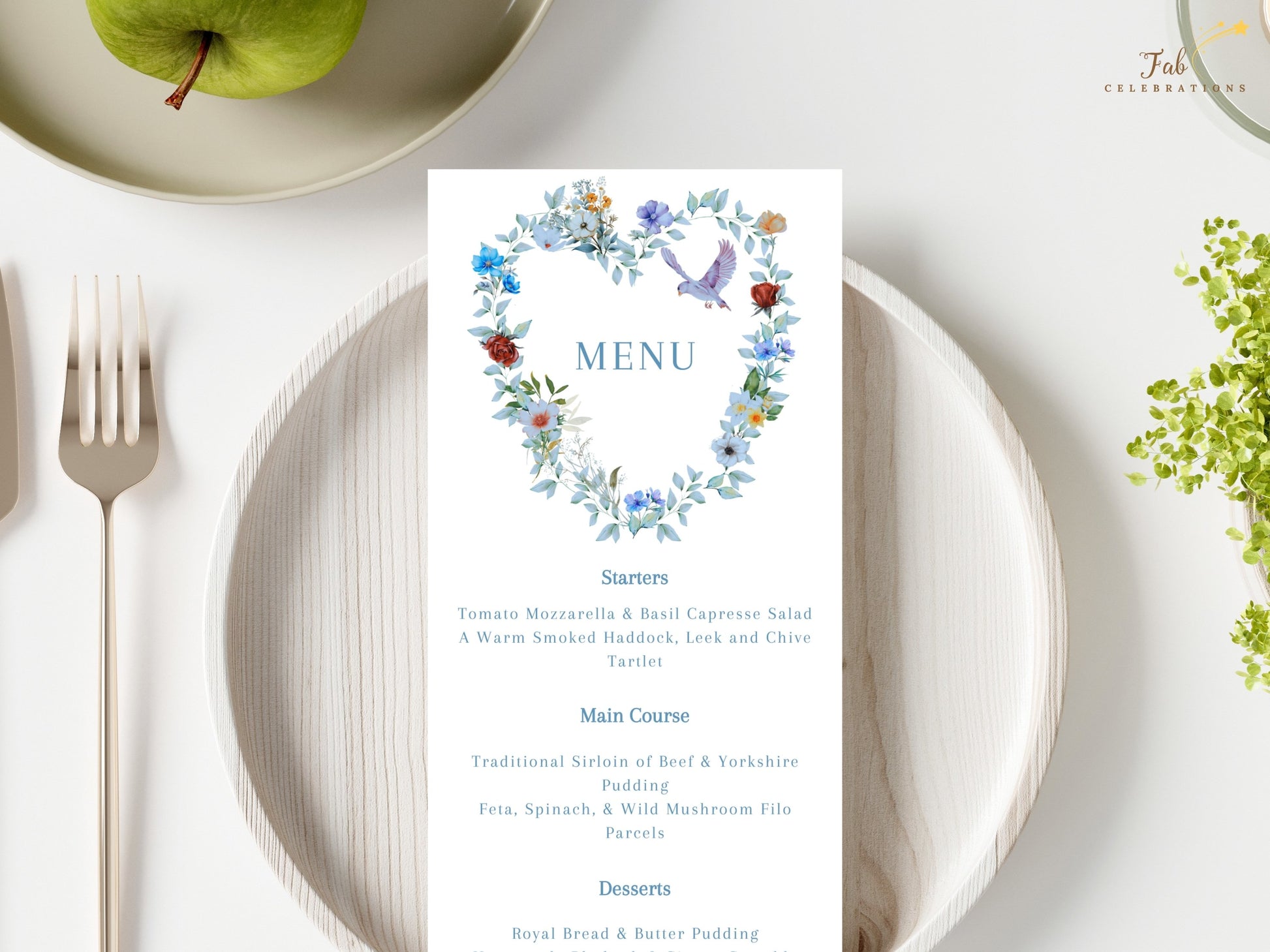 Video presentation of the Elegant Wedding Menu Card featuring an editable Canva template with a watercolor-inspired blue floral heart design, graceful dove motif, romantic botanical artwork and elegant reception dining styling.