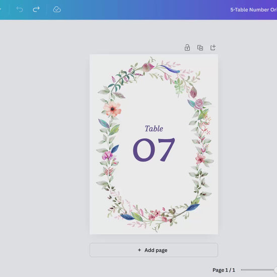Step-by-step Canva tutorial for editing wedding table number templates, including customizing numbers, adjusting floral colors, and preparing print-ready files for reception decor.