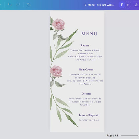 Pink rose wedding menu card template with watercolor florals — editable Canva design to present your reception meal with timeless, romantic, and elegant charm.