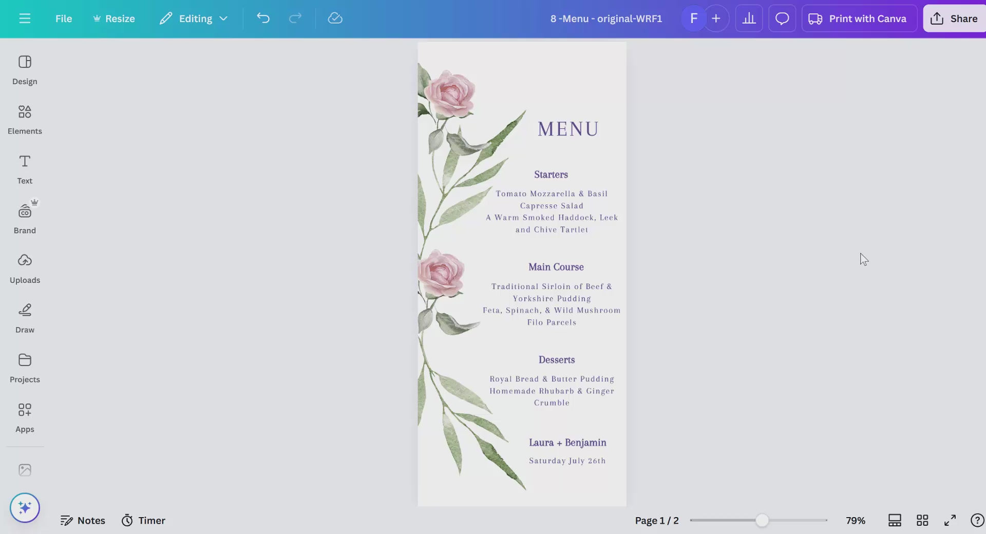 Pink rose wedding menu card template with watercolor florals — editable Canva design to present your reception meal with timeless, romantic, and elegant charm.