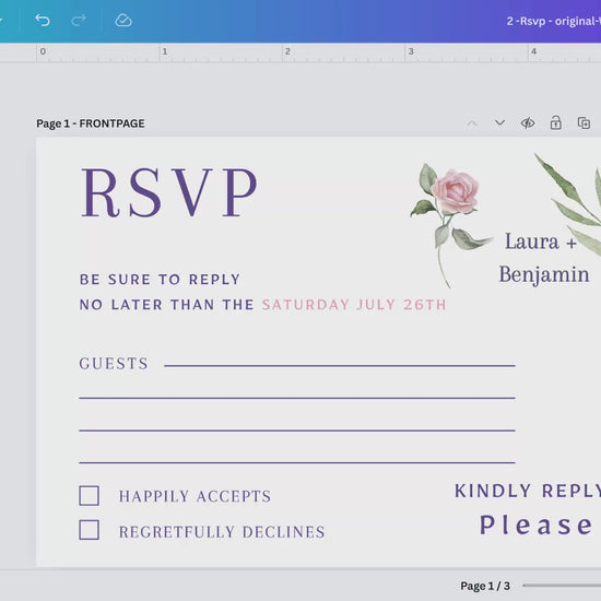 Wedding RSVP card template with pink roses and sage greenery — editable Canva design featuring two versions (floral & photo) for elegant guest response collection.