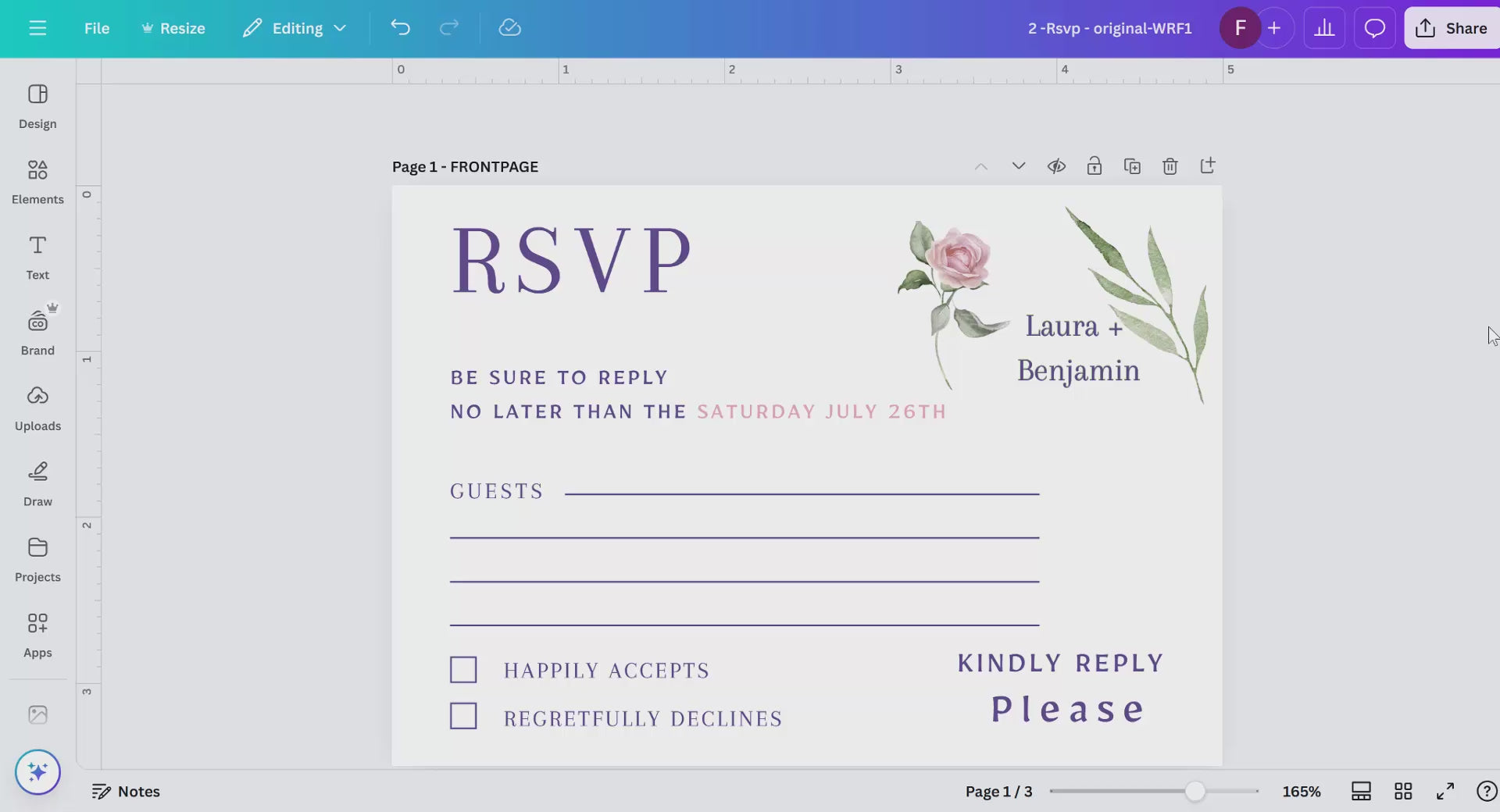 Wedding RSVP card template with pink roses and sage greenery — editable Canva design featuring two versions (floral & photo) for elegant guest response collection.